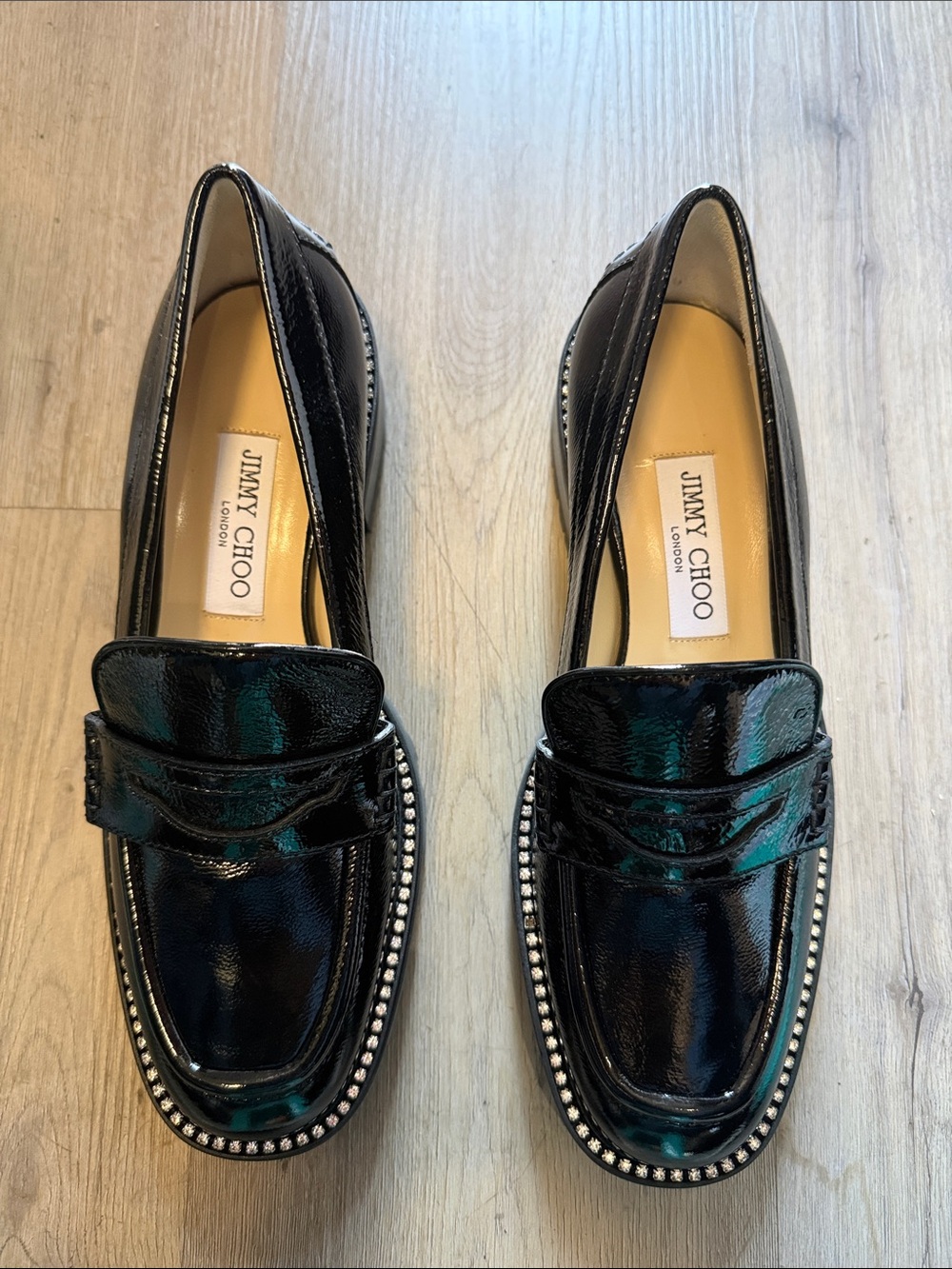 Jimmy Choo Black Patent Leather Studded Penny Loafers Sz 38.5